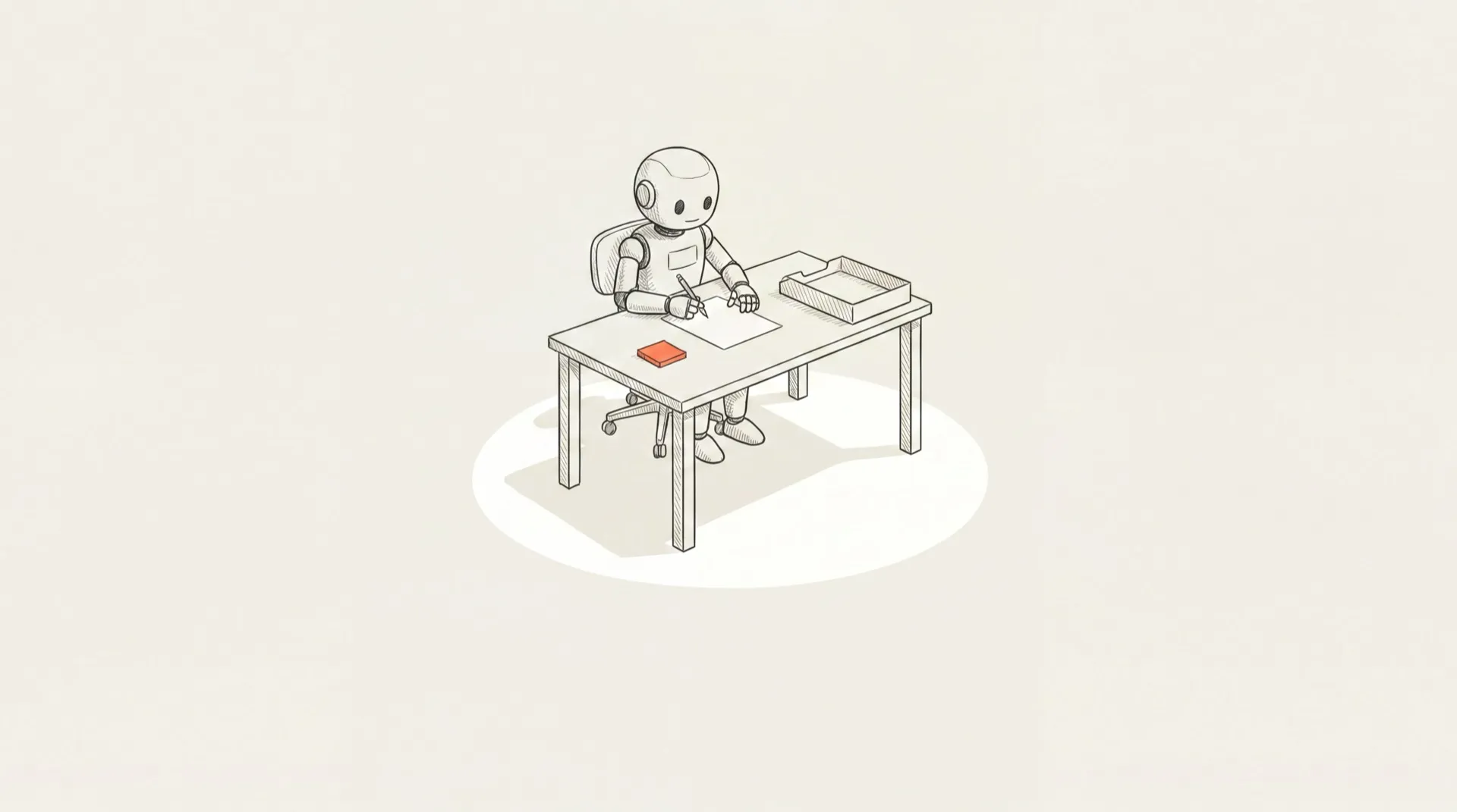 Pen-and-ink illustration of a small robot intern taking notes at a desk, representing ChatGPT as a 24/7 personal intern