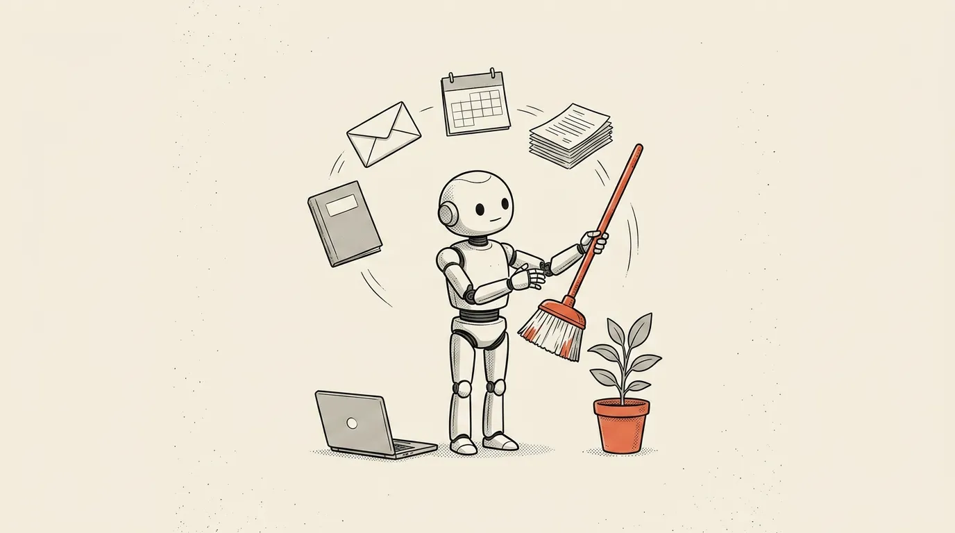 A small robot handling everyday non-coding tasks — mail, a calendar, papers, tidying, a plant — with a closed laptop set aside.