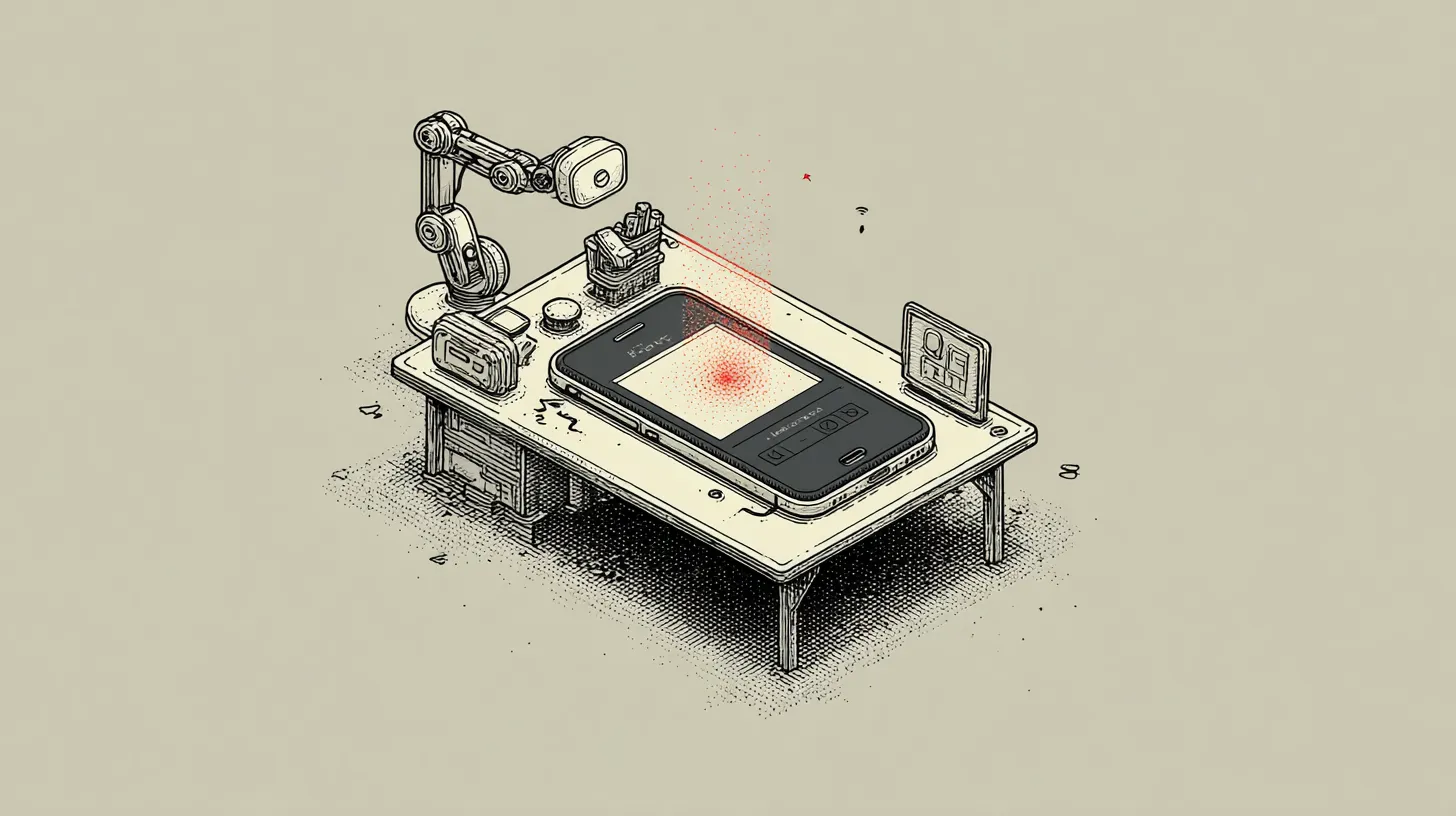 A robotic arm scanning a mobile phone on a desk, representing AI automated app testing