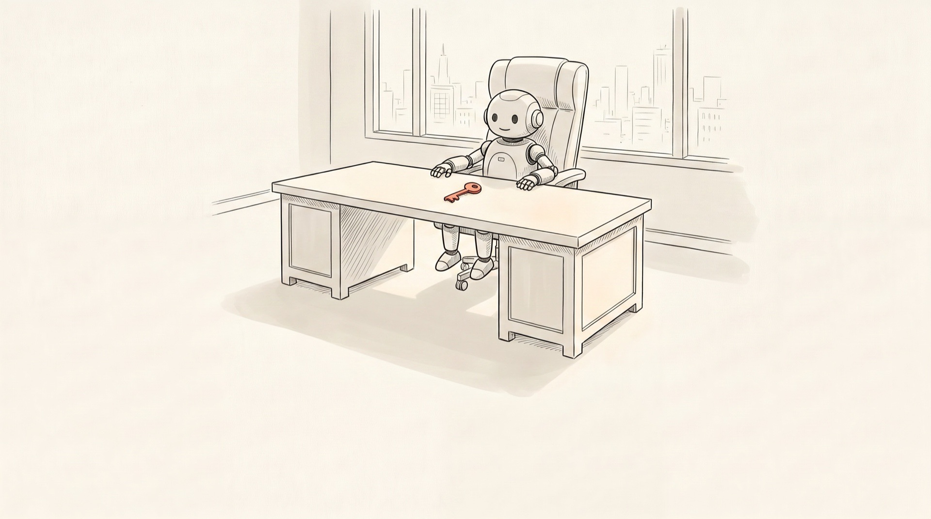 Fable 5 ownership prompts illustrated as a small pen-and-ink robot sitting in an oversized owner's chair behind an executive desk with a single coral key