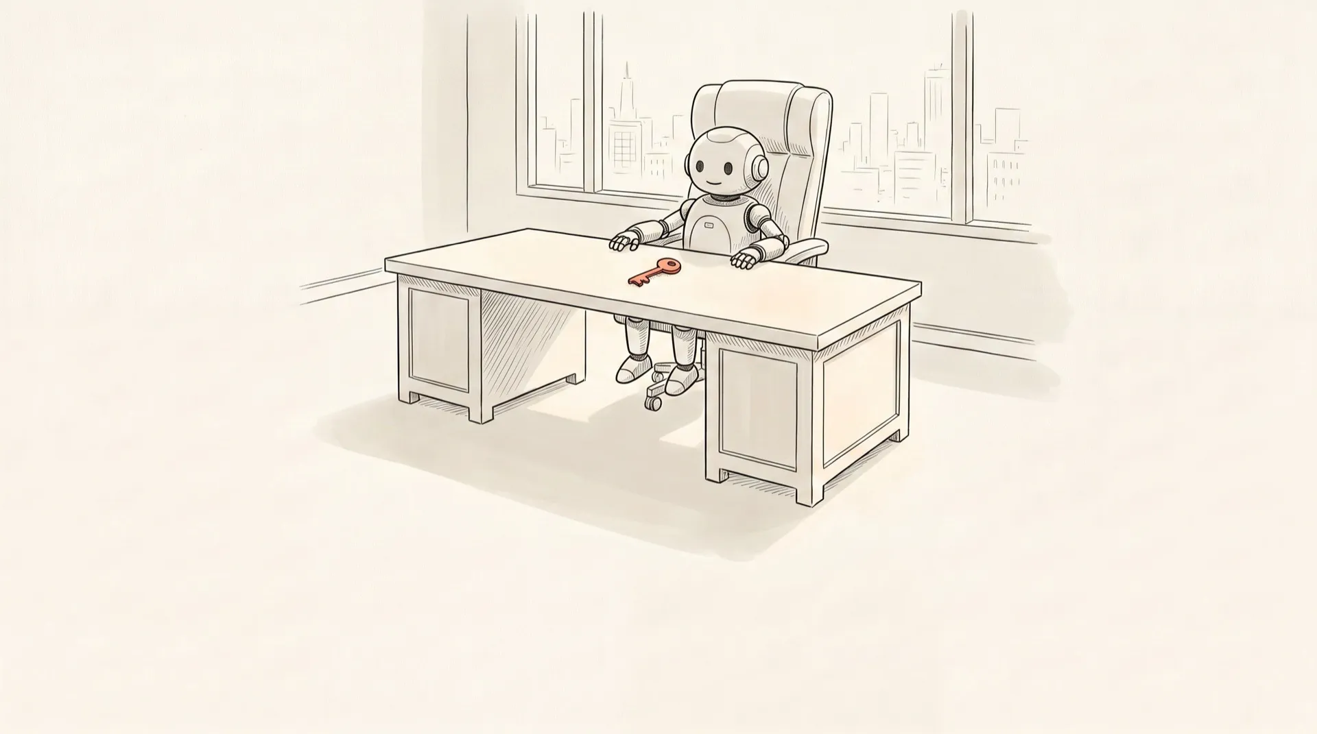 Fable 5 ownership prompts illustrated as a small pen-and-ink robot sitting in an oversized owner's chair behind an executive desk with a single coral key