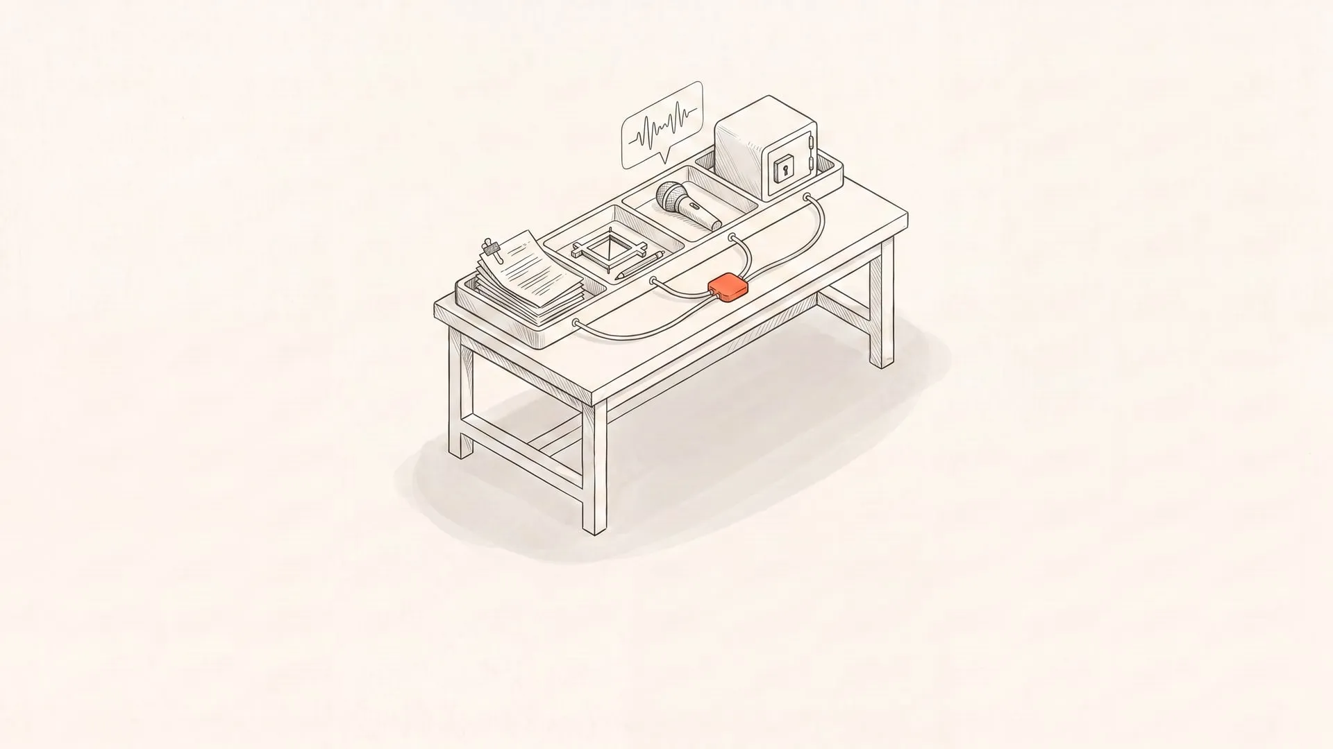 Line drawing of a workbench with clipboard, screenshot, microphone, and password tools connected across a computer workflow