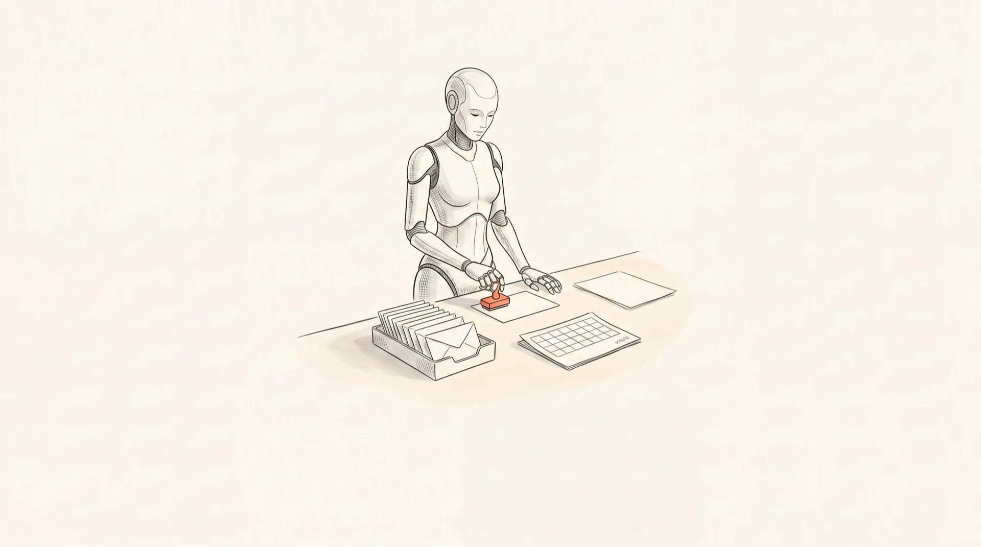 Ink illustration of Juno stamping an approved household task packet at a desk, with mail tray and calendar — the AI house manager for your family