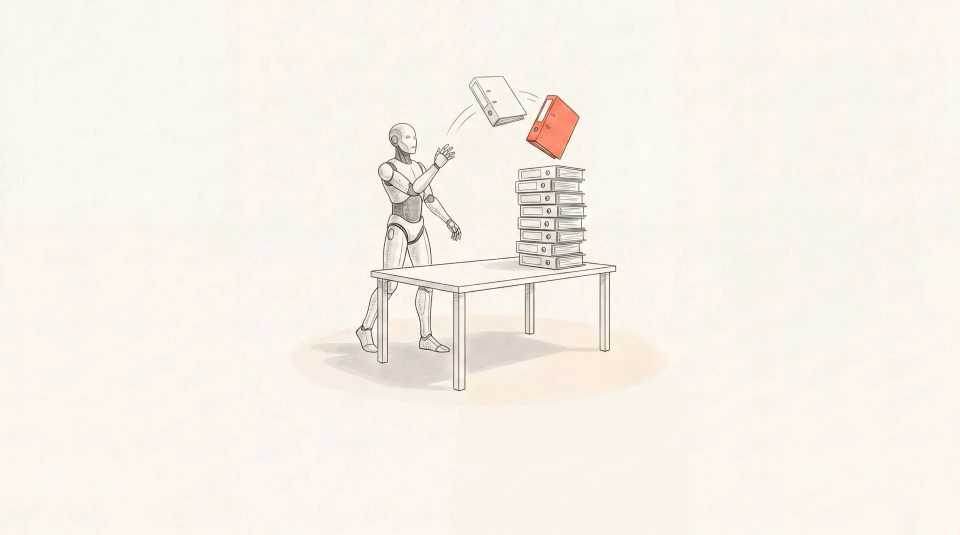 Pen-and-ink illustration of a robot rapidly stacking binders, representing creating SOPs faster with AI