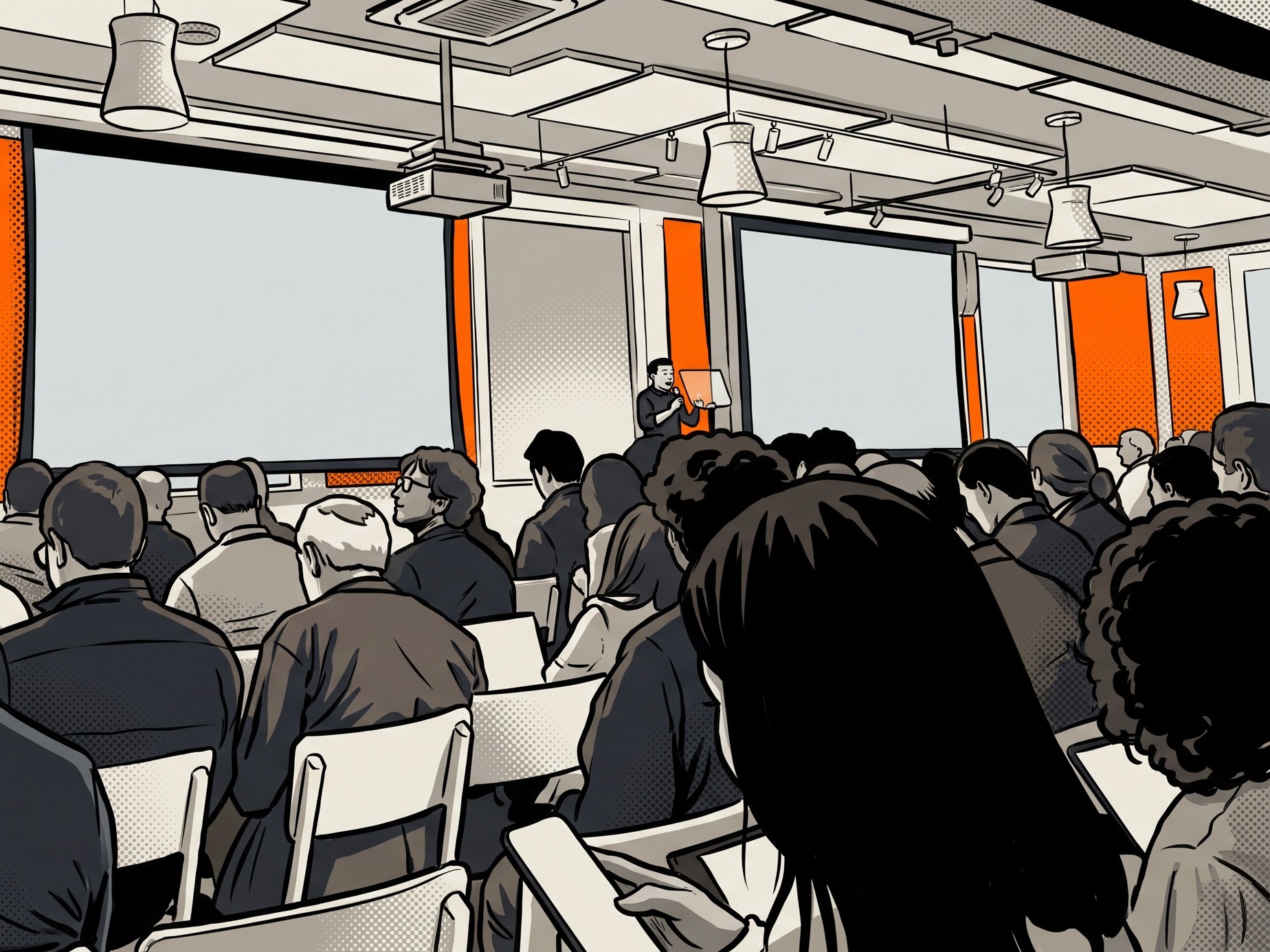 Comic illustration of a presenter addressing the audience at YC Demo Day.