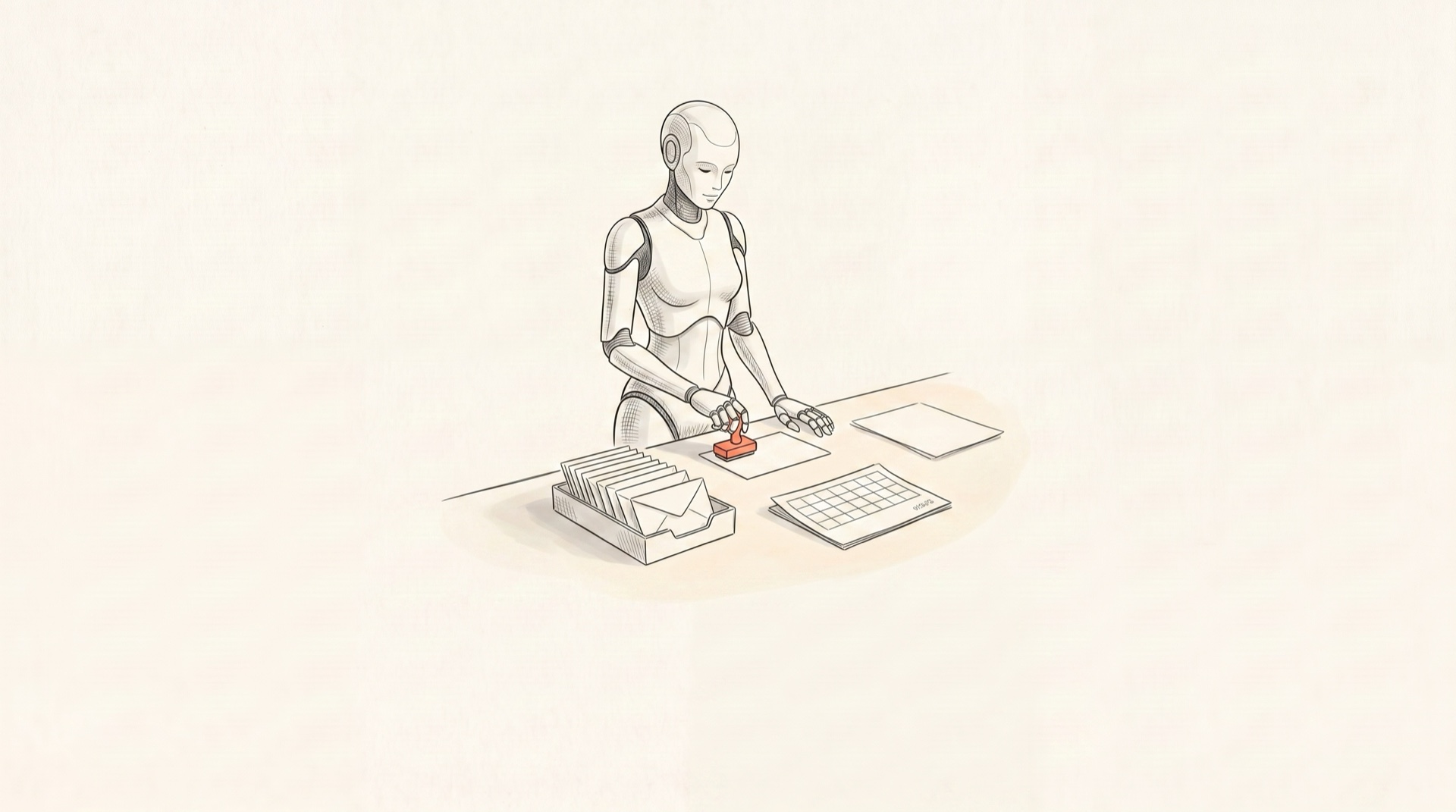 Ink illustration of Juno stamping an approved household task packet at a desk