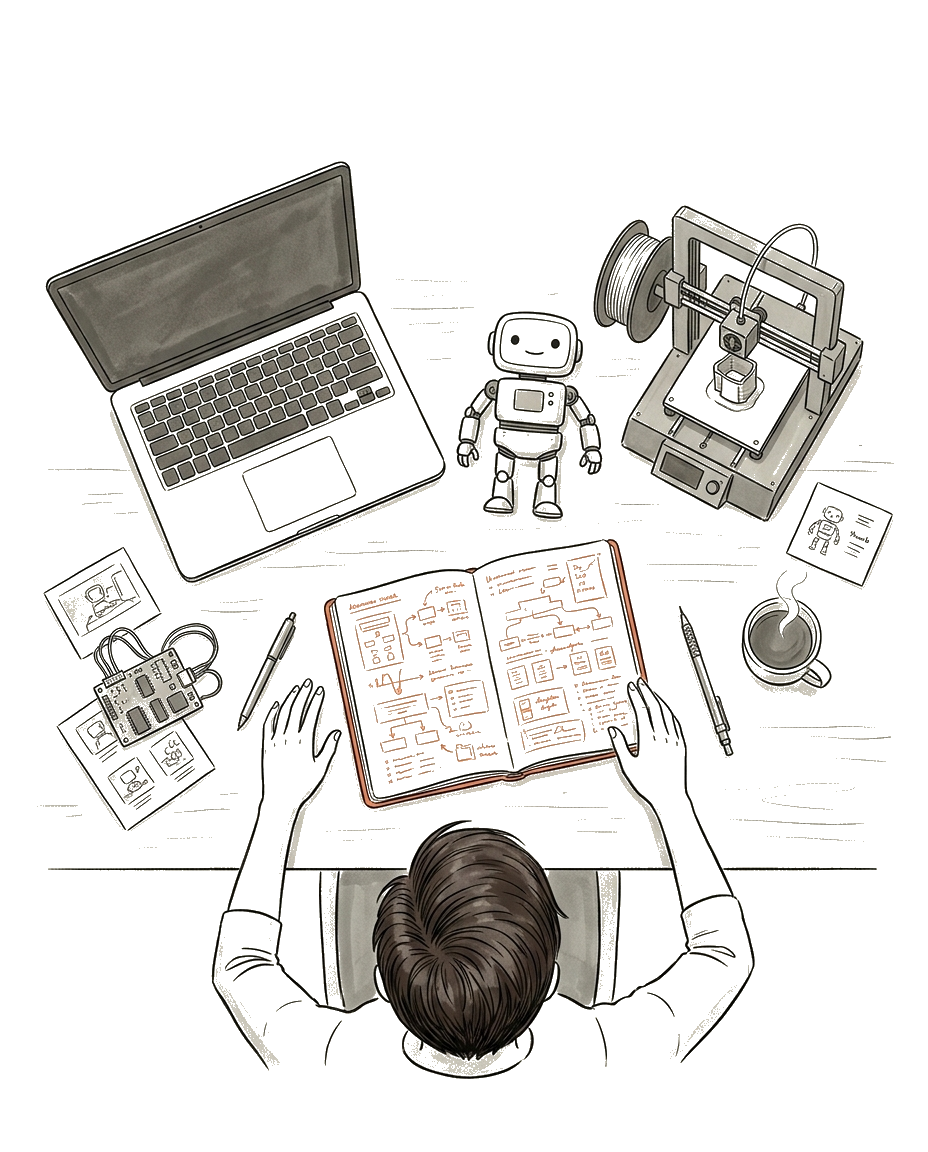 Illustration of Cathryn Lavery at a desk, surrounded by a laptop, a 3D printer, a small robot, and an open notebook of handwritten notes.