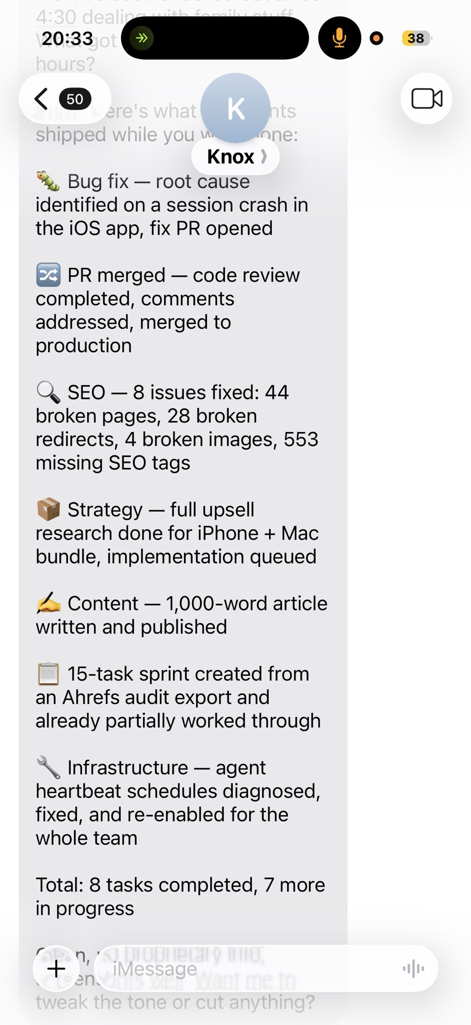 Tweet from Cathryn: While I was in family mode (doing dinner and putting kids down) my @openclaw and Paperclip agents shipped eight tasks in a few hours including a bug fix PR, PR merged to production, SEO sweep across 44 broken pages and 553 missing tags, full upsell research for an iPhone + Mac bundle, a 1,000-word article written and published, a 15-task Ahrefs sprint, and heartbeat infrastructure re-enabled for the whole team